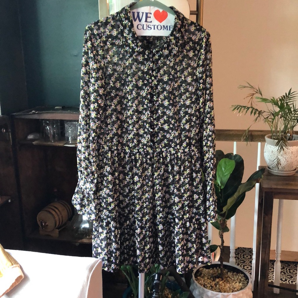H&M Sheer Printed Mini Dress with Bell Sleeves